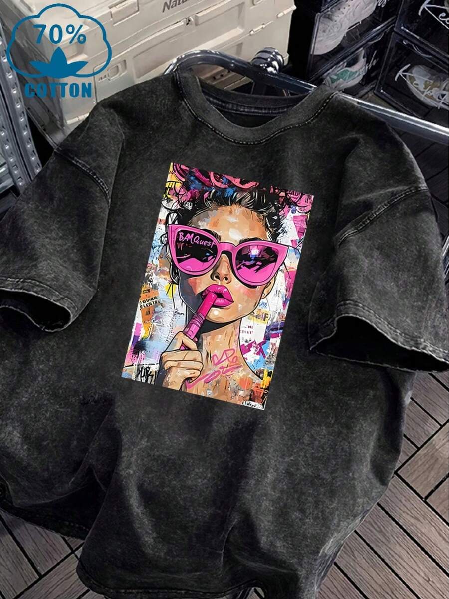 Women's Washed T-Shirt  
Vintage Washed Women's T-Shirt With Bold Pop Art Print, Perfect For Casual Outings Or Home Relaxation, Lightweight And Durable Blend, Stylish Statement Piece For Everyday Wear  
Women's Top Tee
