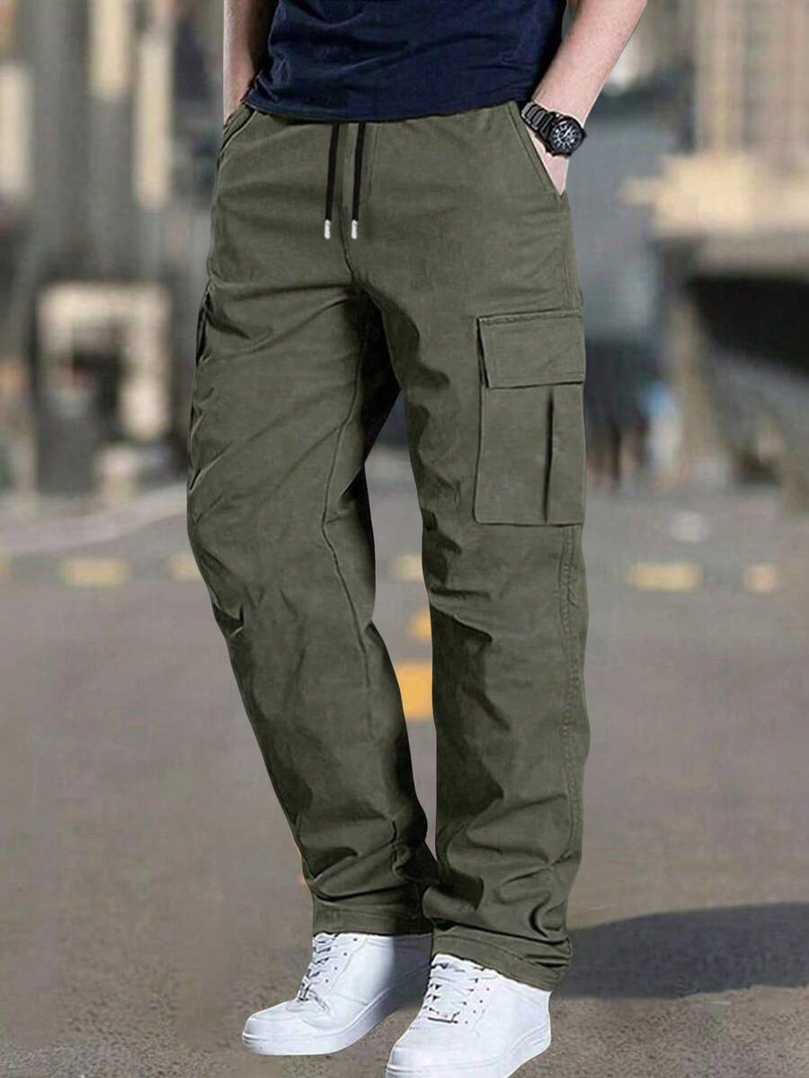 Men's Spring/Autumn Multi-Pocket Cargo Straight Leg Pants, Solid Color Loose Fit, Versatile For Fitness, Commute And Sports - Army Green - View 1