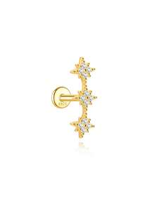 1 chiếc khuyên tai dạng đinh tán phẳng bằng bạc sterling 925 tinh tế hình ba ngôi sao đính đá Cubic Zirconia, chống oxy hóa và chống thấm nước, thích hợp cho sụn tai, trang sức cưới thanh lịch dành cho nữ. - Vàng - Xem 7