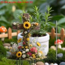 2D Acrylic Sunflower Cross Garden Stake Sign, Home Condolence, Yard Lawn Ground Insert, Memorial Decor, Suitable For Outdoor Garden Potted Landscape Anti-Wind And Rain Decor, Gift For Friends, Holiday Gift, Gardening Lighting Accessory - A - View 3
