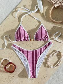 女士泳衣，优雅复古条纹图案，沙滩装，适合休闲、度假、约会、下午茶、假日、音乐节等场合，2026春夏款 - 中紫紅色 - 查看 2