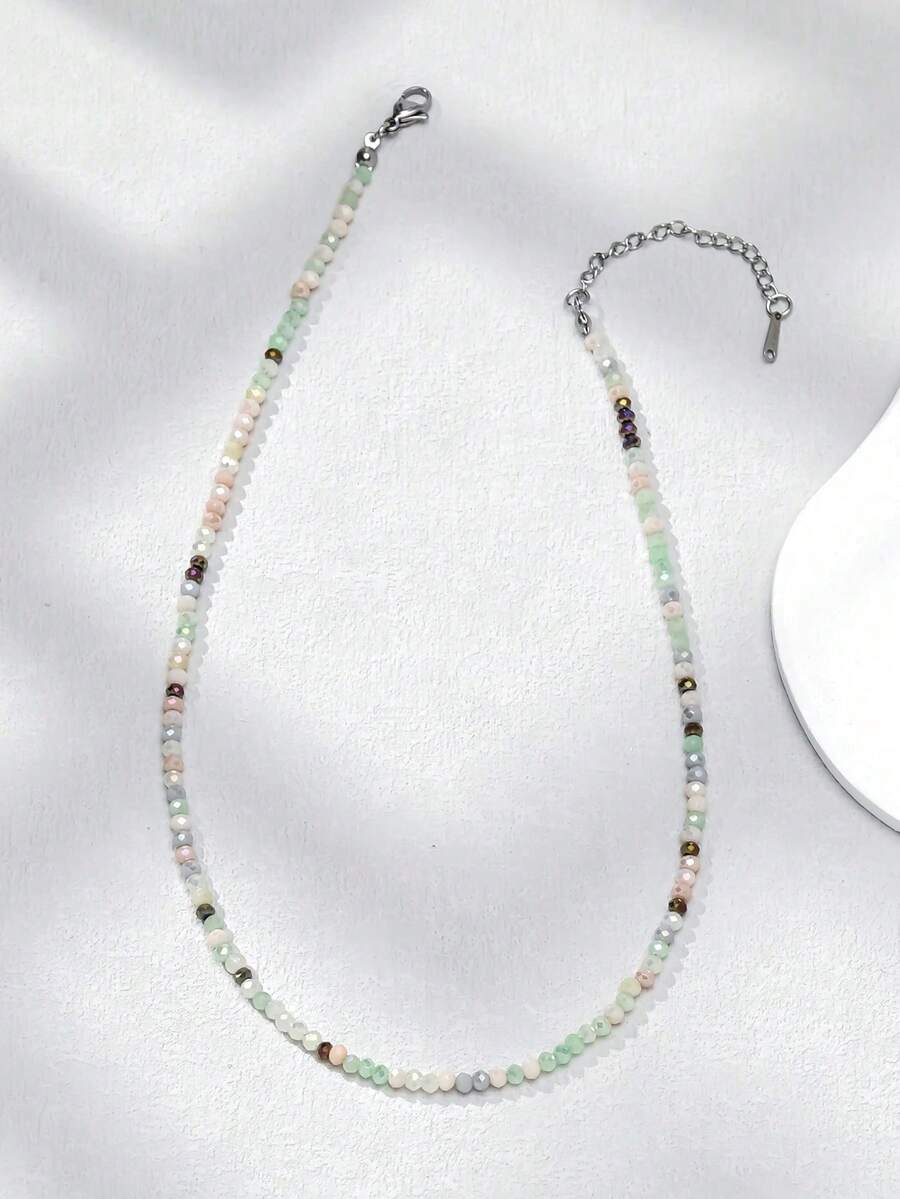 1 pieza Collar decorativo minimalista con cuentas de color gelatina para mujer (etiqueta de cola de cuentas aleatoria) - Verde militar - Ver 1