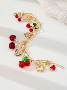 Pulsera con colgante de cereza con forma de corazón, estilo Mori, personalizada y de moda, con efecto dopamina - Multicolor - Ver 2