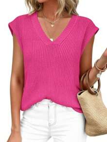 Women's Knit Sweaters Vest Lightweight Spring Cap Sleeve V Neck Tank Tops Summer Going Out Outfits - 玫紅色 - 查看 1