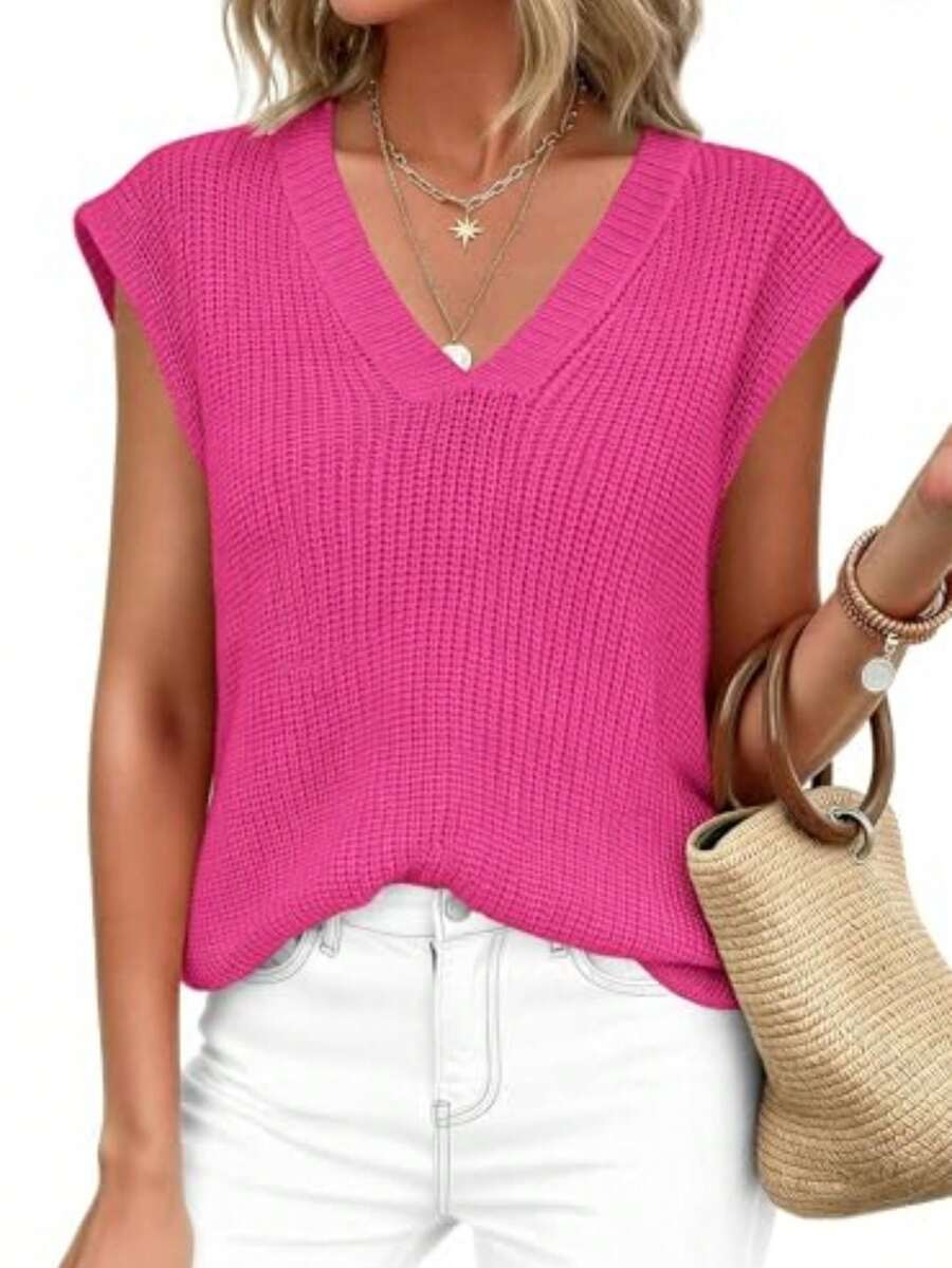 Women's Knit Sweaters Vest Lightweight Spring Cap Sleeve V Neck Tank Tops Summer Going Out Outfits - 玫紅色 - 查看 1