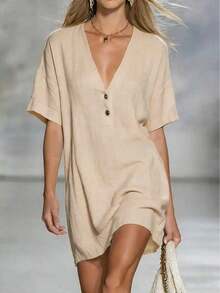 Women's Dress Casual Loose Fit Short Sleeve Button Front Dress Summer Lightweight Outfit - 杏色 - 查看 6