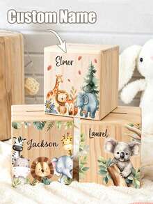 Customized Piggy Bank, Personalized Name Wooden Children's Gift, Personalized Wooden Piggy Bank - Cute Animal And Floral Pattern, Flip-Top Lid, Multi-Purpose Home Decor Gift Suitable For Teens, Bedroom, Office Or As A Gift, Room Decor, Honeycomb Jar, Savings Jar, Birthday Surprise Box, Christening Memento Box, Butler Box - Multicolor - View 7