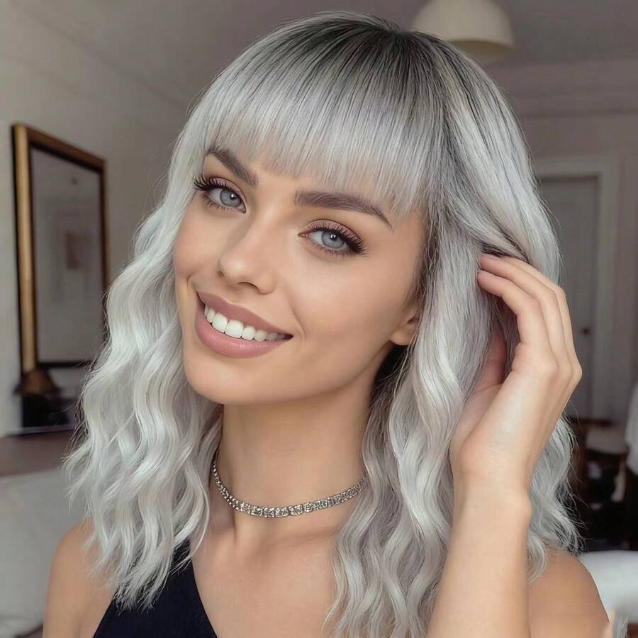 14" Brown Ombre Short Curly Bob Wig With Bangs For Women - Matte Heat-Resistant Fiber | Breathable Rose Net | Women Christmas Holiday Daily Wear - Màu xám ombre - Xem 1