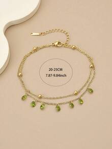 1 chiếc lắc chân bằng thép không gỉ hai lớp đính đá Cubic Zirconia màu xanh lá cây thời trang dành cho nữ, thiết kế quả cầu vàng nhỏ, phong cách Bohemian, trang sức vàng, mùa hè, trang sức thép không gỉ, lắc chân, kỳ nghỉ biển, lễ hội - màu xanh lá - Xem 3
