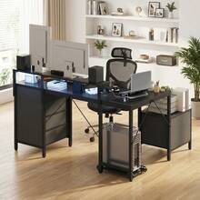 Devoko L-Shaped Corner Desk, Height-Adjustable Monitor Stand + 2 USB Ports + 2 Power Outlets + 5 Drawers, With Storage Space For PC Mount And Printer, Gaming Desk With LED Lighting, Black - 查看 2