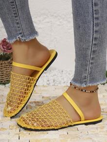 Sandalias planas cómodas con diseño hueco para mujer, zapatos de verano - Amarillo - Ver 12