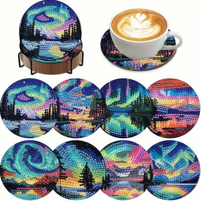 8pcs Lake Surface DIY Diamond Painting Coaster Set, Smooth Shiny Diamond Surface, Sturdy Adhesive With Full Tools, Easy For Beginners, Stress Relief Handcraft, New Year, Valentine's Day, Christmas, Teacher's Day Gift, Home Decor Coasters For Family, Friends, Girlfriend, Teacher