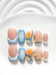 Bộ 10 miếng dán móng tay thủ công kiểu vẽ tranh, hình hoa nhỏ, họa tiết đường kẻ và giọt nước, sơn móng tay màu xanh dương, trắng và cam, phong cách mùa hè rực rỡ, bao gồm dụng cụ làm móng (1 tờ dán + 1 dũa móng), có 3 kích cỡ: vuông, chữ nhật ngắn, hình hạnh nhân, phù hợp cho tiệc tùng, sử dụng hàng ngày, chụp ảnh, đi làm mùa xuân/hè. - Nhiều màu - Xem 17