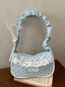 Túi đeo vai xếp ly chấm bi bằng nylon mới với viền ren dành cho nữ - Màu xanh nhạt - Xem 7