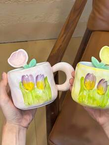 350毫升3D心形陶瓷茶杯碟套装，不对称3D手工心形马克杯，反应釉陶瓷杯，适合下午茶，情侣咖啡杯碟套装，情人节/结婚礼物，拿铁杯，早餐杯，陶瓷杯 - 彩色 - 查看 6