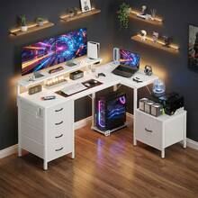 Devoko L-Shaped Corner Desk, Height-Adjustable Monitor Stand + 2 USB Ports + 2 Power Outlets + 5 Drawers, With Storage Space For PC Mount And Printer, Gaming Desk With LED Lighting, Black - 查看 1