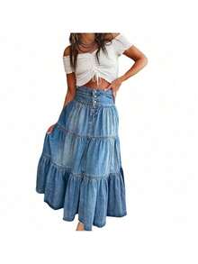Nueva Llegada 2025 - Falda Midi de Mezclilla con Volantes en Capas Estilo Bohemio - Negro - Ver 6