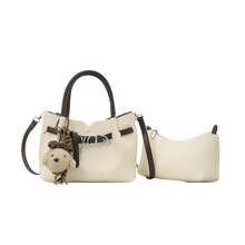 1pc Women's Solid Color Bucket Bag, Fashionable Retro PU Twist Lock Handbag With Cherry Pendant, Suitable For Commuting, Shopping, And Gift - Beige - View 7