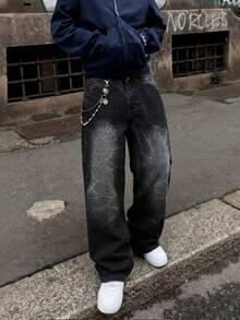 Jeans droits larges à jambe droite avec lavage délavé noir, texture craquelée brodée unique, look vintage usé artistique, pantalon décontracté américain - Noir - Voir 1