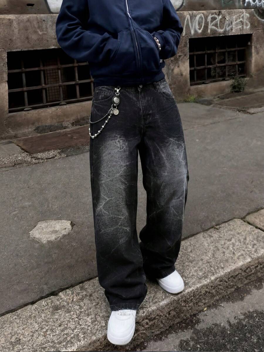 Jeans droits larges à jambe droite avec lavage délavé noir, texture craquelée brodée unique, look vintage usé artistique, pantalon décontracté américain - Noir - Voir 1