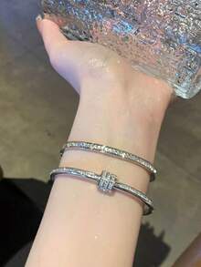 Titanium Steel Non-Fading Minimalist Rhinestone Stacking Bracelet, Versatile For Daily Wear, Festivals, Parties And Gifting - Silver - View 1