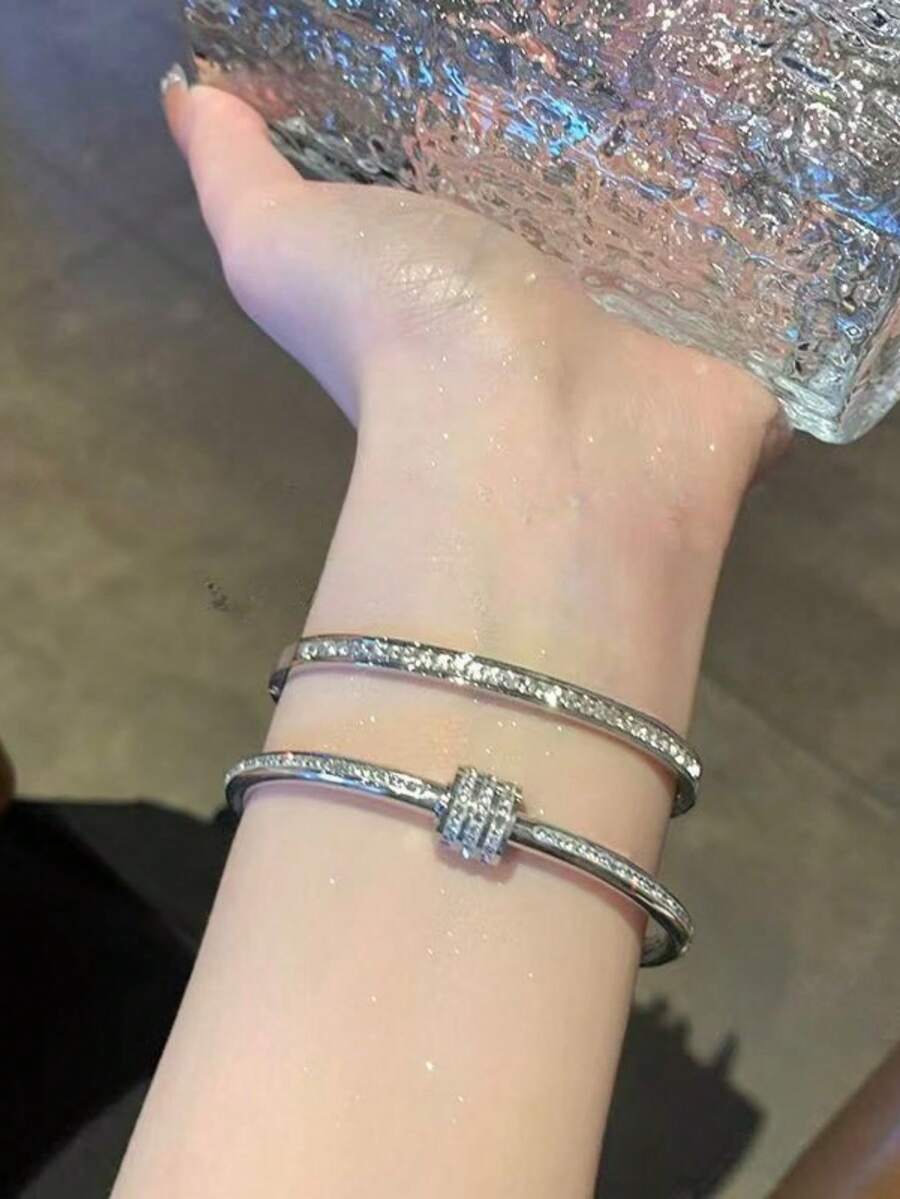 Titanium Steel Non-Fading Minimalist Rhinestone Stacking Bracelet, Versatile For Daily Wear, Festivals, Parties And Gifting - Silver - View 1