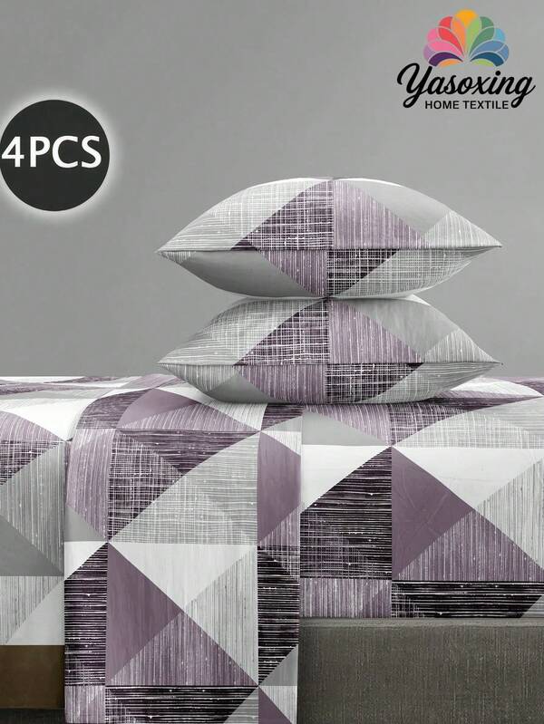 4 pezzi Set biancheria da letto con motivo geometrico triangolare viola e grigio, facile da curare, in morbida microfibra (1 lenzuolo piatto + 1 lenzuolo con angoli + 2 federe), adatto per letti extra-large/matrimoniali/singoli, per materassi di profondità fino a 30 cm, morbido, traspirante, anti-grinze, stampa geometrica
