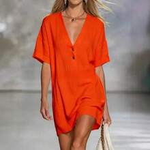 Women's Dress Casual Loose Fit Short Sleeve Button Front Dress Summer Lightweight Outfit - 橘紅色 - 查看 6