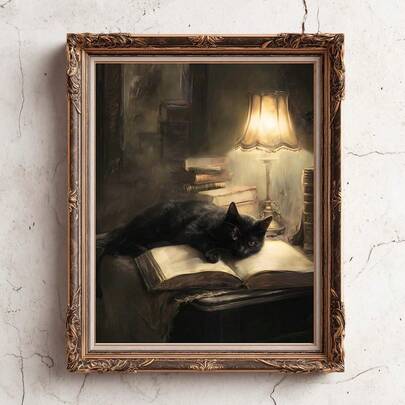 1 pieza Póster de pintura en lienzo con gato negro en estilo Dark Academia, enmarcado/sin enmarcar, arte de pared gótico y sombrío, decoración para biblioteca acogedora, estudio, dormitorio, sala de estar, decoración del hogar moderna para amantes de los libros