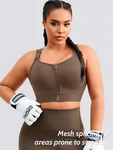 1pc Women Plus Size Sports Bra, Adjustable Back Support Lift, Front Zipper Casual Camisole For Spring/Summer - Coffee Brown - View 3
