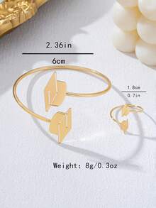 2pcs Gold Metal Hollow Smooth Graduation Cap Bracelet & Ring Set, Fashion Jewelry For Graduation, Party, Banquet - Yellow Gold - View 4
