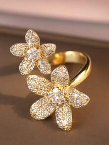 jealous young 1 pieza Anillo de flor con elemento de trébol de cinco hojas elegante y de moda, con circonita cúbica, accesorio de moda para mujer, adecuado para fiestas, uso diario, todas las estaciones - Trébol de cinco hojas - Ver 1