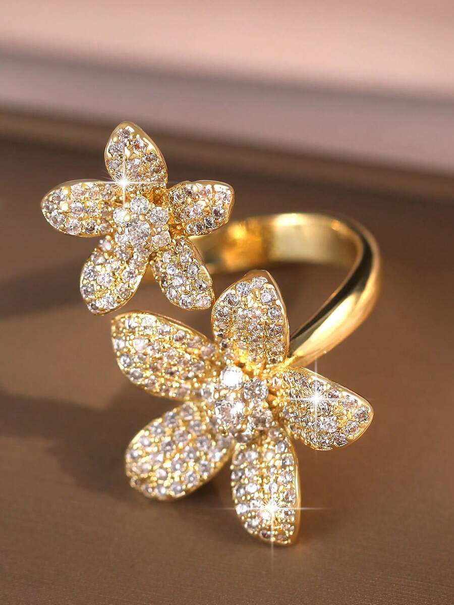 jealous young 1 pieza Anillo de flor con elemento de trébol de cinco hojas elegante y de moda, con circonita cúbica, accesorio de moda para mujer, adecuado para fiestas, uso diario, todas las estaciones - Trébol de cinco hojas - Ver 1