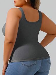 1pc All-Season Plus Size Women's Ribbed Tank Top With Deep U-Back, 2-In-1 Built-In Removable Padded Cups, Slim Fit Innerwear/Outerwear Casual Home Solid Color Base Layer Top - Grey - View 4