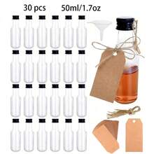 30个迷你塑料瓶套装，容量分别为0.85盎司、1.7盎司、3.3盎司和5盎司，带瓶盖，包含2个液体漏斗和卡其色标签，适用于辣椒酱、酒类或果汁。 - 黑色 - 查看 10