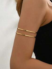 1pc Women Minimalist Geometric Line Open Bangle, Gold Color, Suitable For Daily Wear - Gold - View 2