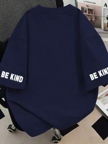 Be Kind To Everyone Is Fighting Graphic Round Neck T-Shirt, Plus Size Women Casual Summer Top, Fashionable Printed Short Sleeve. Suitable For Summer Vacation, Beach, Holiday, Spring Wear - Navy Blue - View 2