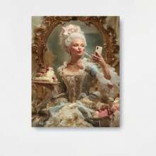 1 pieza de pintura en lienzo con impresión 2D, selfie de María Antonieta, decoraciones de pared - interesantes impresiones históricas, pósteres humorísticos de estilo rococó, retratos reales decorados de manera moderna, arte con marco de madera, alta calidad, grosor de 2.25 cm/1 pulgada, póster de impresiones de arte de pared - Enmarcado - Ver 1