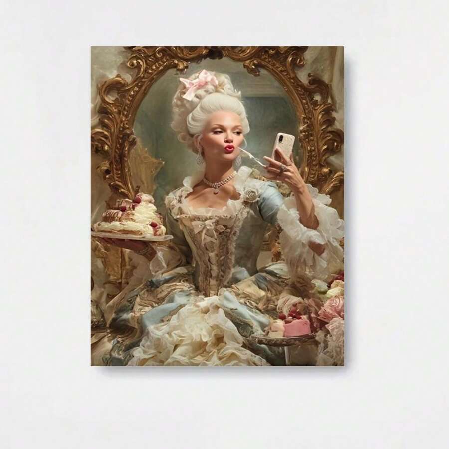 1 pieza de pintura en lienzo con impresión 2D, selfie de María Antonieta, decoraciones de pared - interesantes impresiones históricas, pósteres humorísticos de estilo rococó, retratos reales decorados de manera moderna, arte con marco de madera, alta calidad, grosor de 2.25 cm/1 pulgada, póster de impresiones de arte de pared - Enmarcado - Ver 1