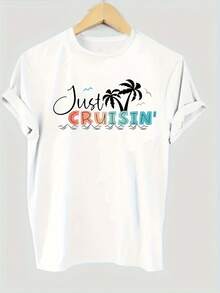 Tops[Plus Size T-Shirt] Plus Size Coconut Tree Print T-Shirt - Women's Casual Round-Neck Short-Sleeve Top - Breathable For Summersommer - White - View 4