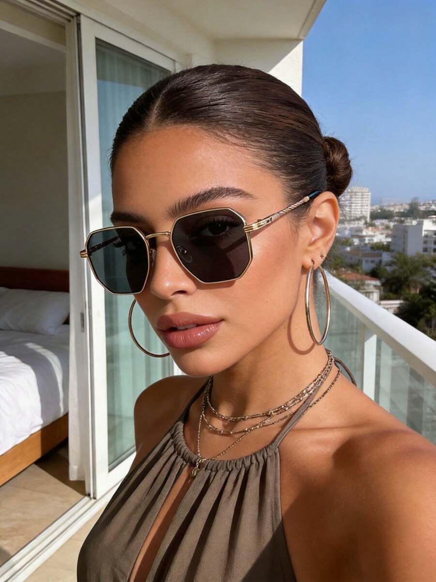 1 Pair Copper Geometric Classic Fashion Glasses For Women, Suitable For Outdoor, Back To School, Beach Vacation, Ideal For Women's Daily Casual And Business Wear In Autumn/Winter, Also A Perfect Gift For Summer Beach, Outdoor Activities And Travel - 灰色 - 查看 1