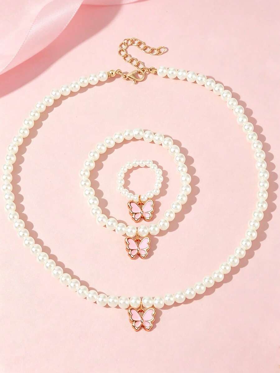 Set de 3 piezas de joyería para niñas con colgante de mariposa, collar con cuentas de perlas falsas, pulsera y anillo, adecuado para uso diario, festivales, fiestas y regalos de cumpleaños - Unitalla - Ver 1