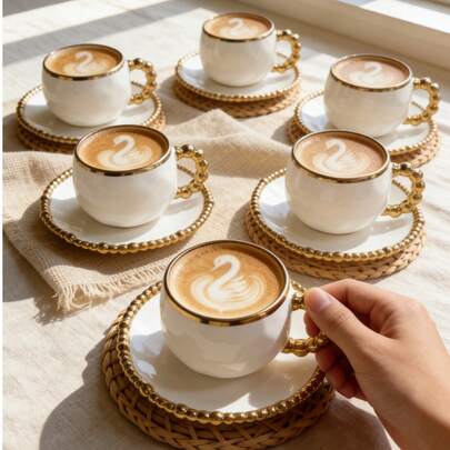 6件套复古镀金珍珠边意大利浓缩咖啡陶瓷杯碟套装，包含咖啡杯和碟子，可放入洗碗机清洗。适用于酒店、餐厅、家庭使用、桌面装饰、下午茶、咖啡、花草茶、个性化礼品、纪念品、厨房用品、派对、生日、婚礼、周年纪念、情人节、母亲节等场合。