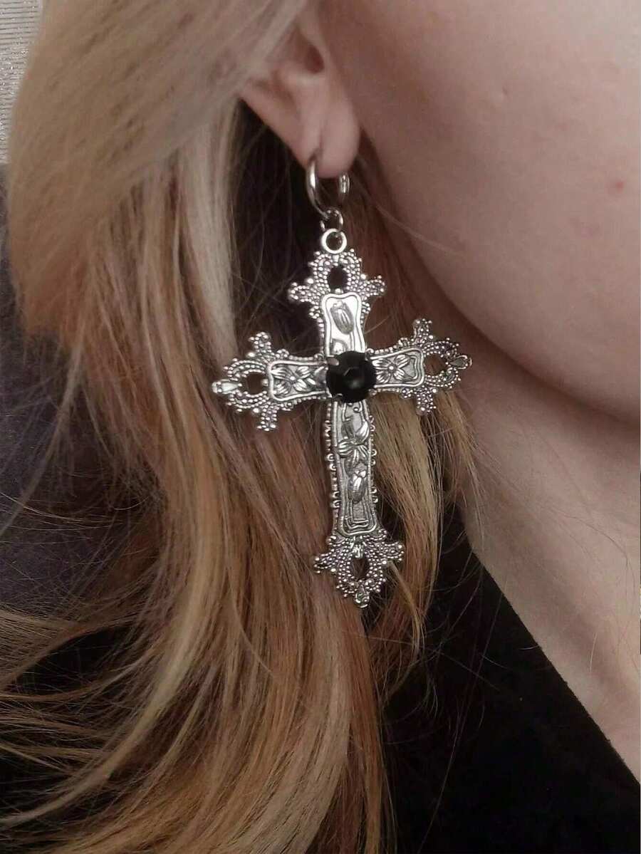 2 piezas Pendientes de cruz de estilo gótico con exagerados cristales de plata, combinados con accesorios de punk rock negro para Halloween - gótico - Ver 1