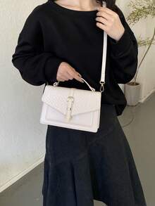 编织纹理压花女士手提包，带腰带装饰翻盖托特单肩包 - 白色 - 查看 3