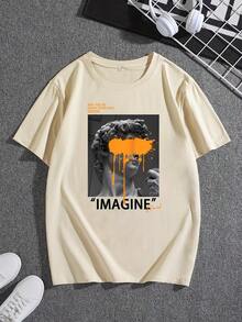 Simple Studio | Herr minimalistisk vardagsmode med konstnärligt tryck, kortärmad t-shirt | Lämplig för sommarkläder | Bekväm och andningsbar | Ledande stil - Aprikos - Visa 4