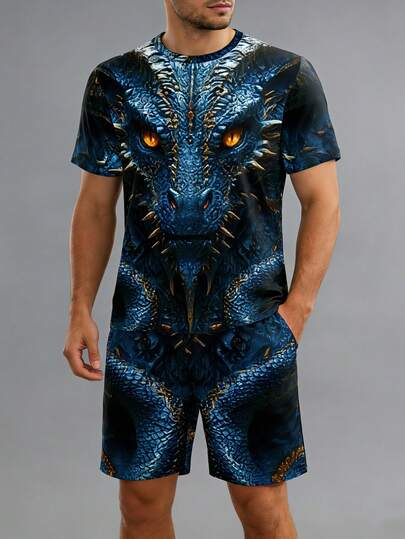 Dunkelstil Feurige blaue Flamme Drachen 3D Muster Set, Herren Sommer Allover Muster Kurzarm Shorts Set, Große Größen Locker Bequem Lässig 2 Stücke Outfit, Streetwear Personalisierter Grafik Muster Set