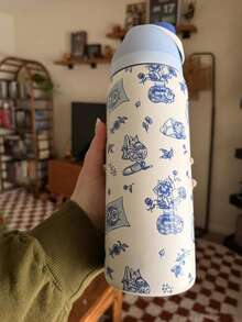 OwaIa Delft Cat Print Large Capacity Stainless Steel Water Bottle,32oz/945ml,With A Straw,Exquisite Appearance,Keeps Drinks Hot Or Cold,Can Hold Iced Drinks And Water,Suitable For Leisure,Work,Sports,Indoors And Outdoors,Perfect Gift Choice.Vacuum Flasks-Everyday Tumbler-Perfect Birthday Gift-Father Day Tumbler - Xanh và trắng - Xem 7