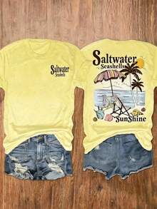 Women's Seashells & Beach Palm Tree Vacation Print T-Shirt, Casual Vacation Women's Short Sleeve Top, Women's Clothing - 黃色 - 查看 1