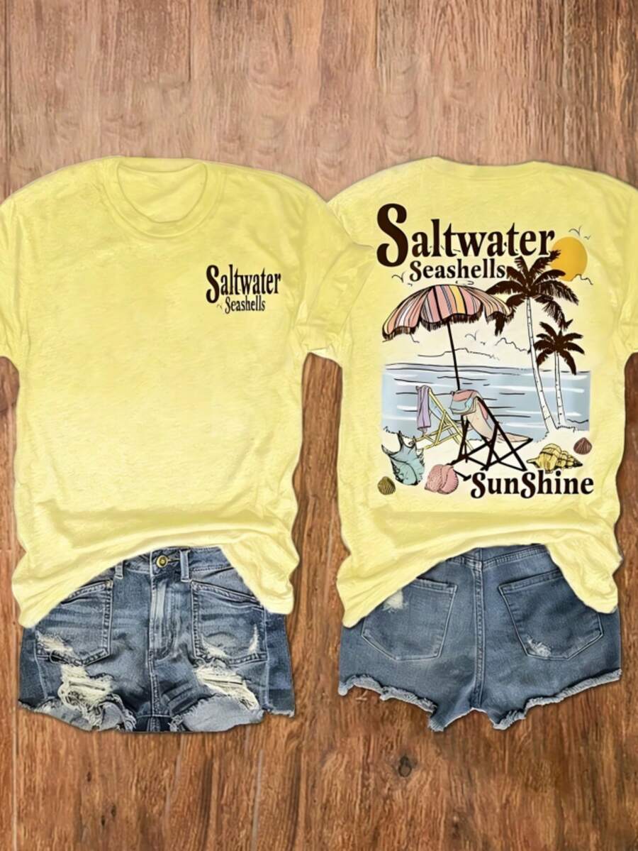 Women's Seashells & Beach Palm Tree Vacation Print T-Shirt, Casual Vacation Women's Short Sleeve Top, Women's Clothing - 黃色 - 查看 1